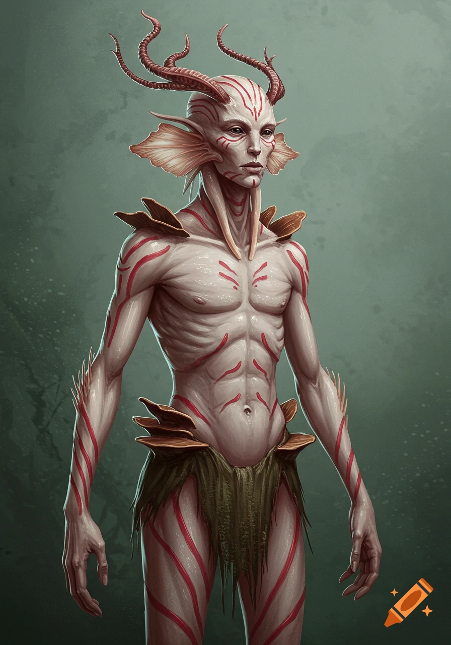 Detailed concept art portrait of a pale-skinned fantasy humanoid creature with red spiral patterns, horns, and large ear-frills, wearing a leafy skirt.