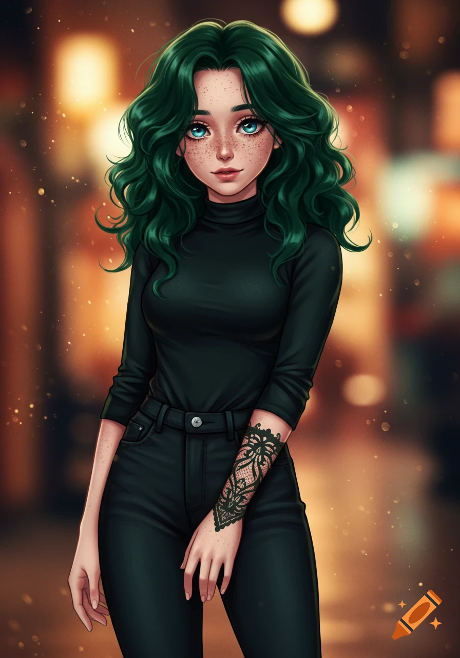 Anime woman with green wavy hair, blue eyes, freckles, black turtleneck, jeans, and a lace forearm pattern, against a blurred warm background.