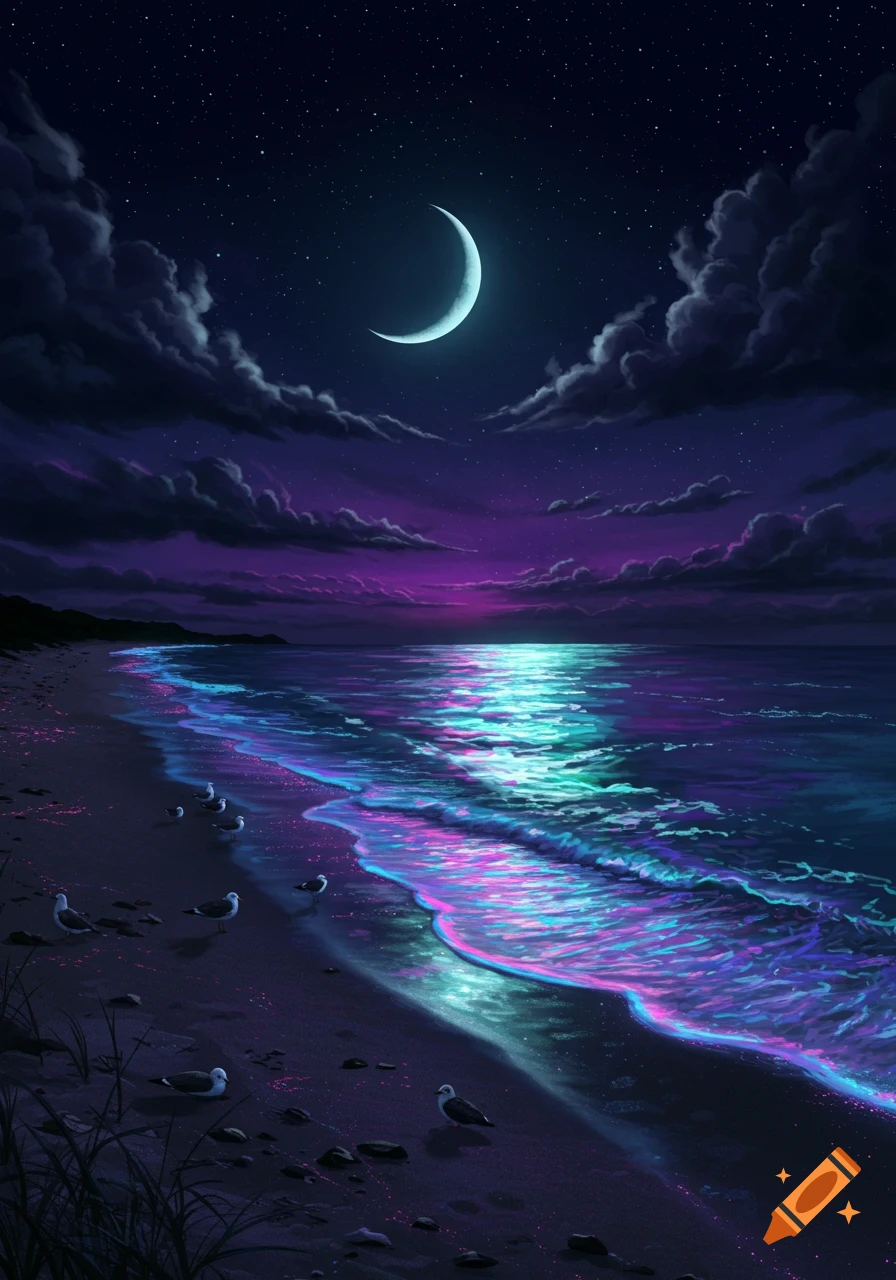 A vibrant night beach landscape with a crescent moon, starry sky, and bioluminescent waves crashing on the shore, with seagulls on the glowing sand.