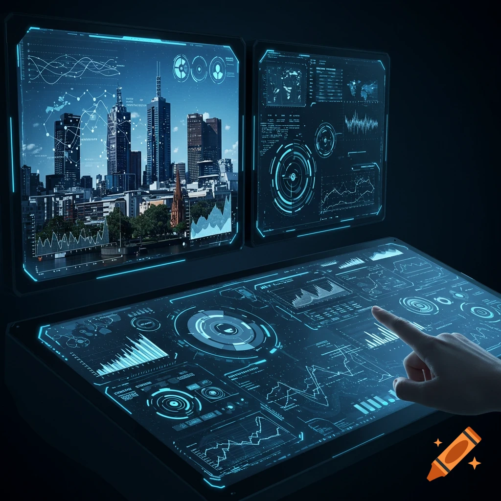A hand interacts with a futuristic, glowing blue digital interface showing cityscape views and complex data visualizations on multiple screens.