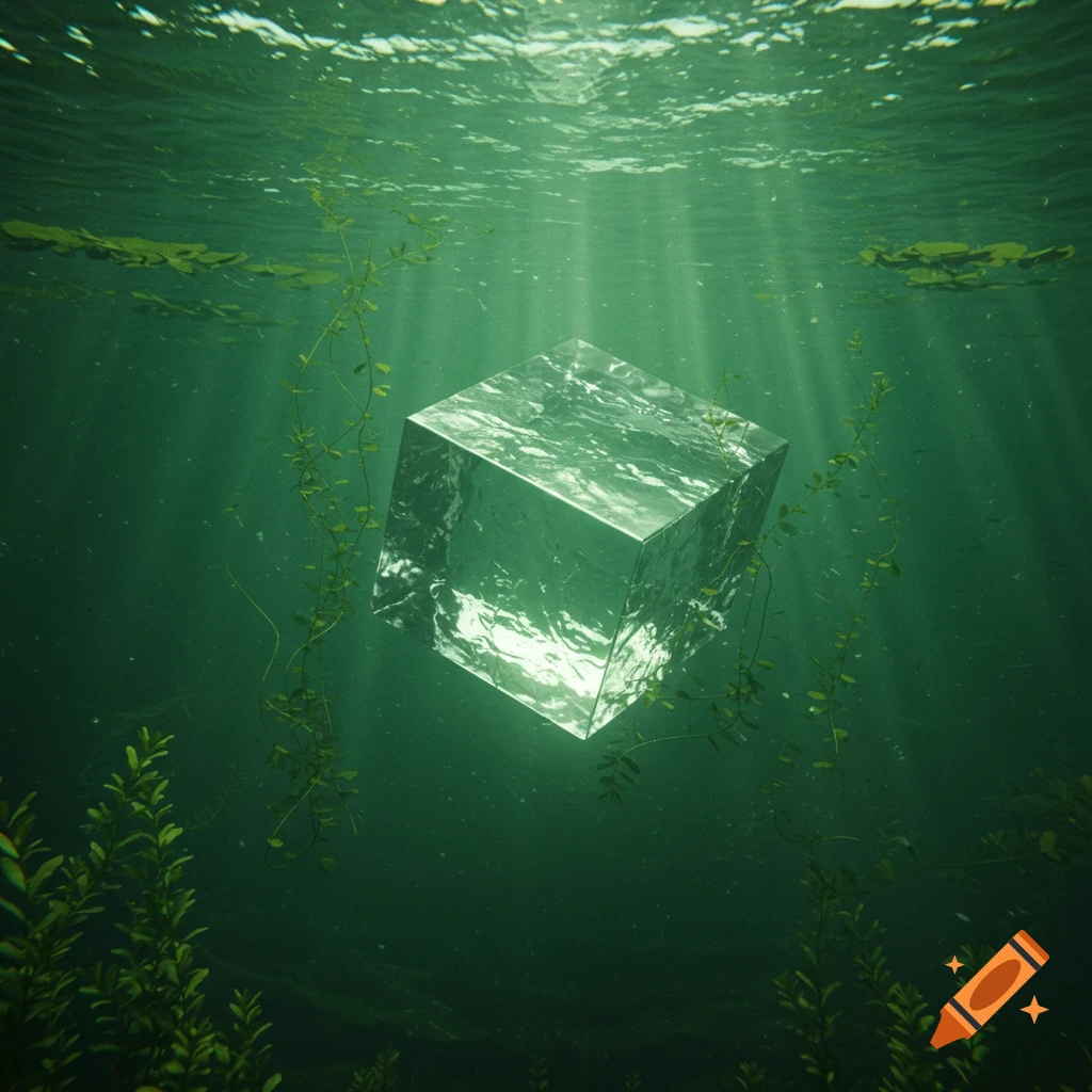 A clear, reflective cube floats in a murky green underwater scene with light rays and aquatic plants.