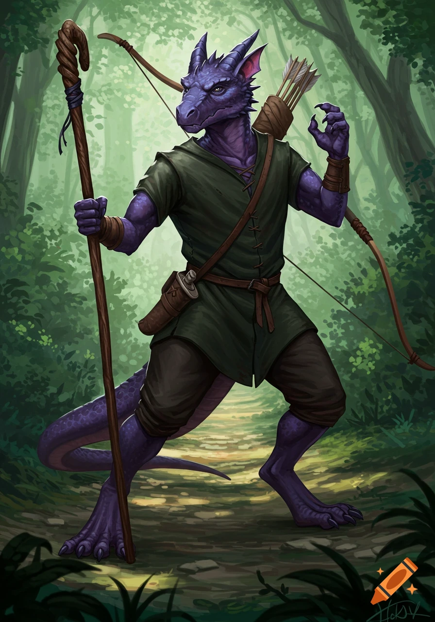 A purple-scaled dragon-like humanoid, a kobold, stands on a forest path holding a staff, with a bow and quiver on its back.