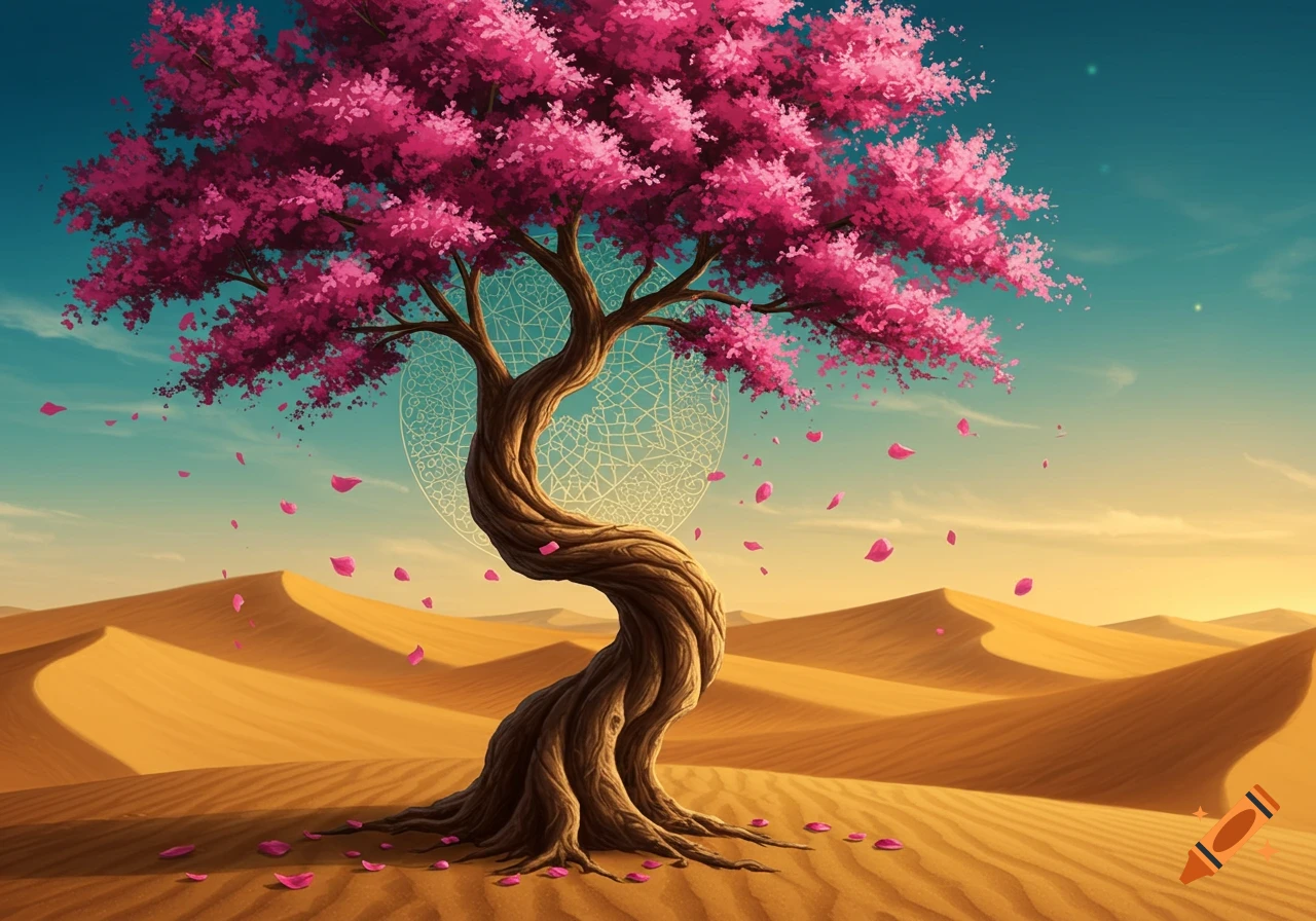 A stylized pink-blossomed tree with a twisted trunk in a golden desert with sand dunes. Pink petals fall under a blue and yellow sky.
