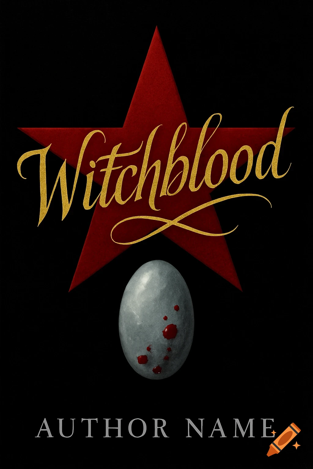 A dark book cover featuring a red star, gold 'Witchblood' text, a grey egg with blood drops, and 'AUTHOR NAME'.