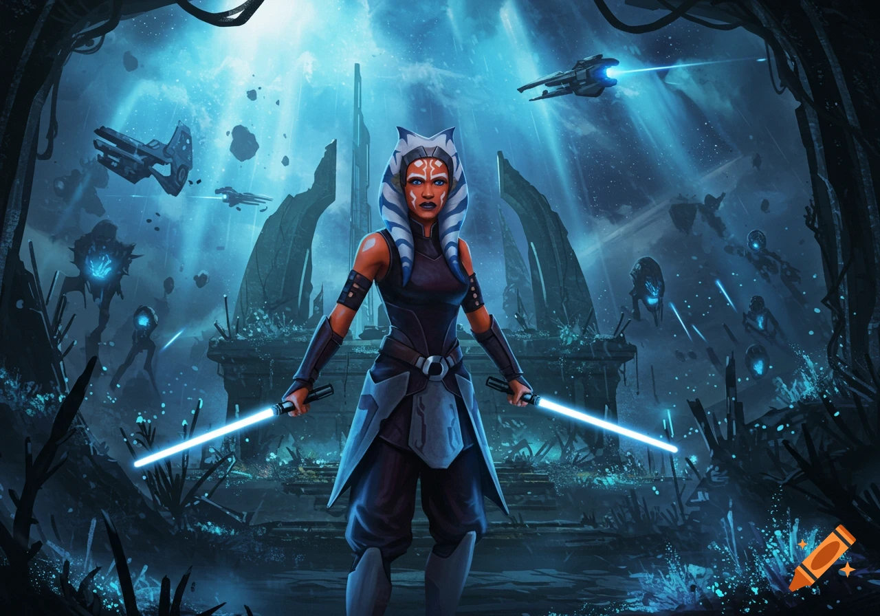 Ahsoka Tano dual-wielding blue lightsabers in a dark, alien, futuristic landscape with spaceships in a digital illustration.