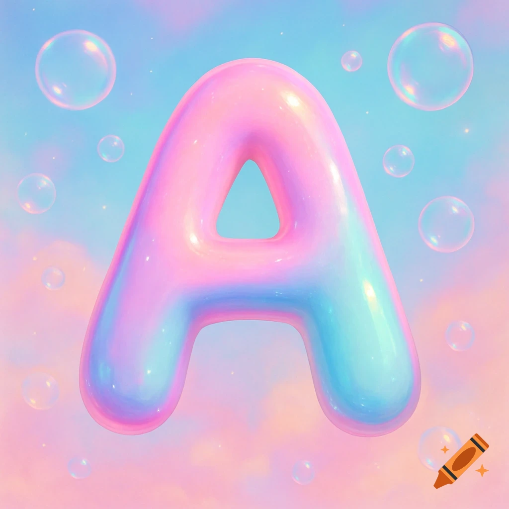 A large, iridescent, bubble-like pastel letter A floats in a dreamy pink and blue sky with smaller bubbles.