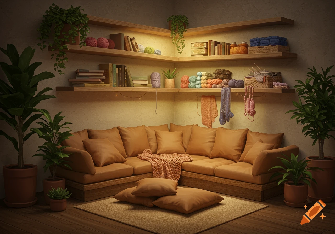 A warm and cozy corner room with a tan L-shaped floor couch, wooden shelves filled with books and colorful yarn, and potted plants.