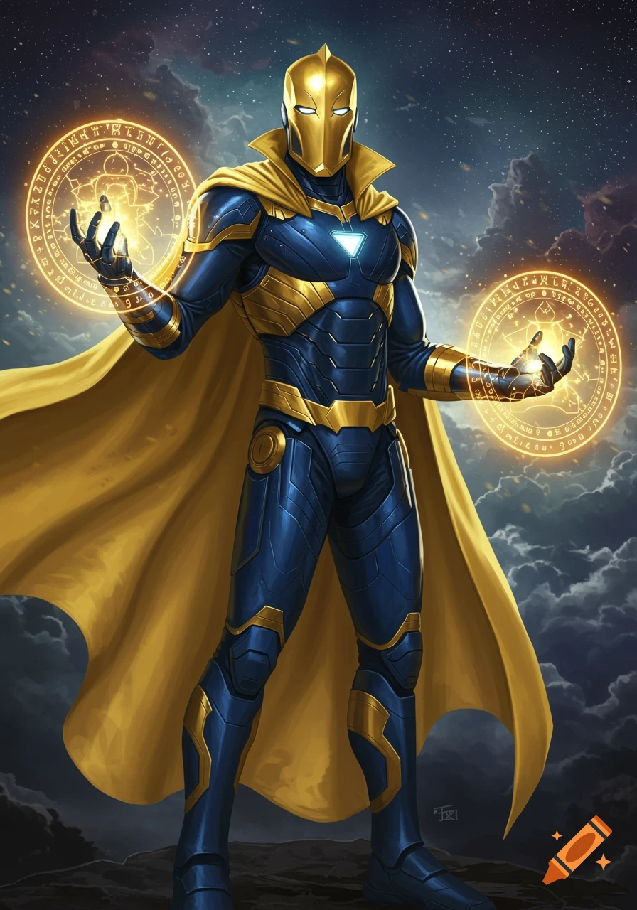 A superhero in dark blue and gold armor with a golden cape and Dr. Fate helmet stands under a starry sky, hands glowing with golden mystical energy.