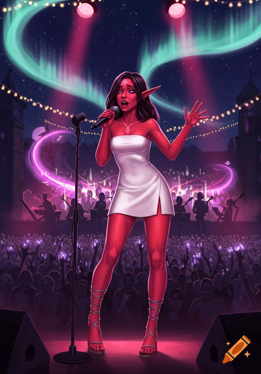 A red-skinned elf with long dark hair and pointed ears in a white mini-dress sings into a microphone on stage, gesturing to a cheering crowd. Pink and teal stage lights illuminate the scene, with the aurora borealis visible in the night sky.