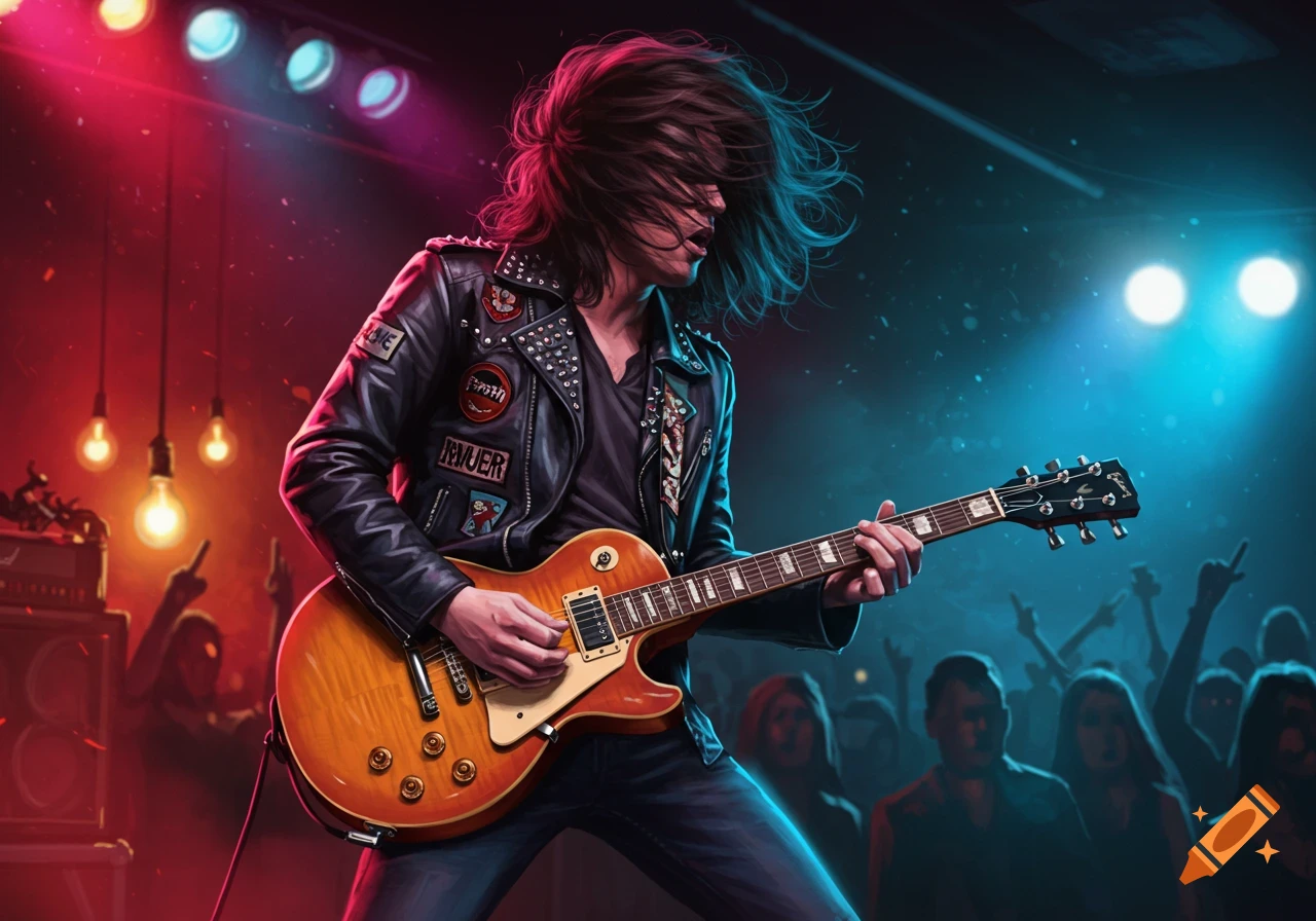 Long-haired rock guitarist in a studded leather jacket plays an electric guitar on stage, illuminated by vibrant red and blue lights.