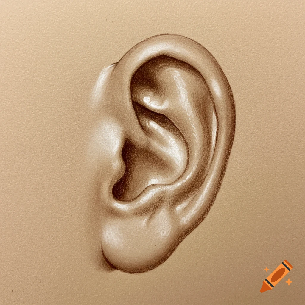 Detailed sepia-toned drawing of a human ear on a light brown background, showcasing anatomical curves and shading.