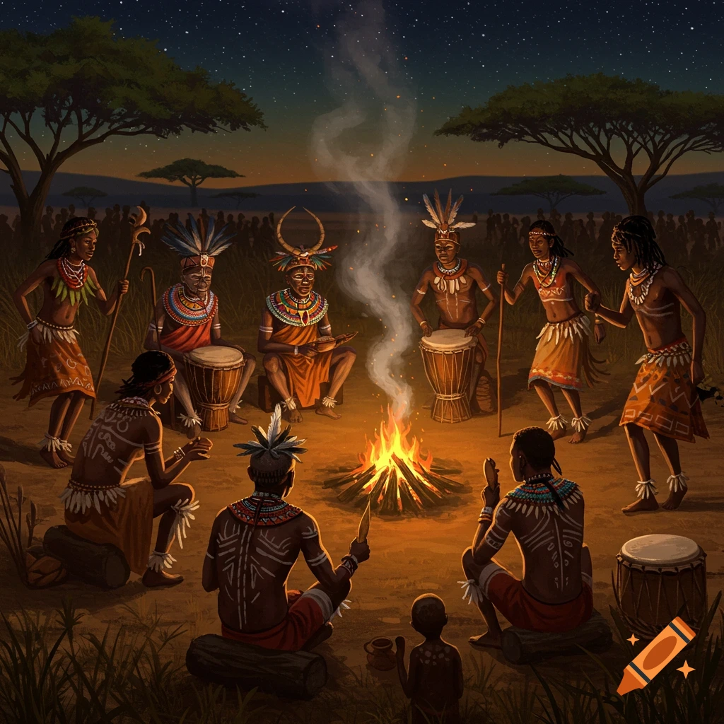 A group of people in traditional tribal attire gathered around a campfire at night, under a starry sky in a savanna.