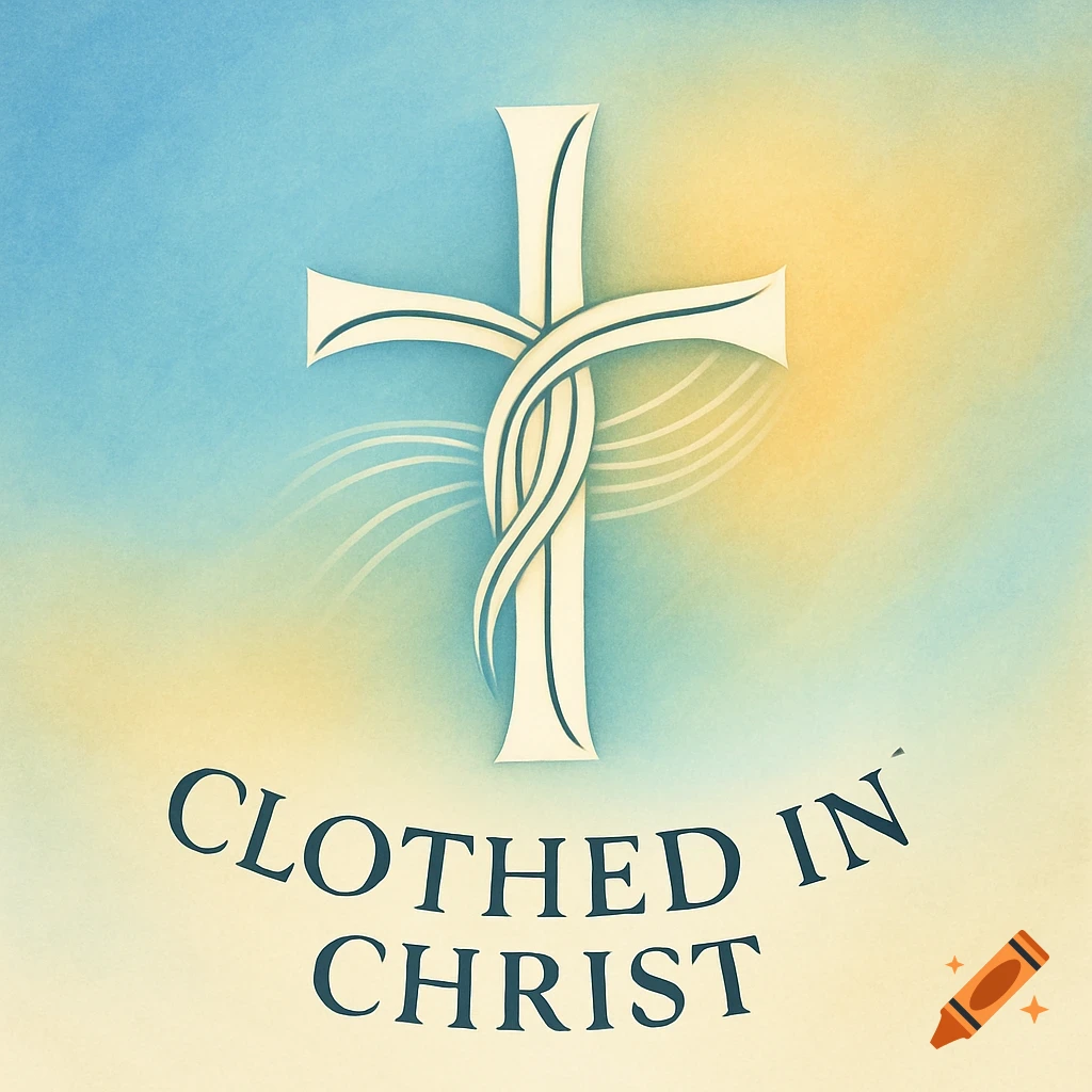 Logo with a stylized white cross, intertwined with wavy lines, against a blue and yellow gradient background, with the words "CLOTHED IN CHRIST" in dark blue below.