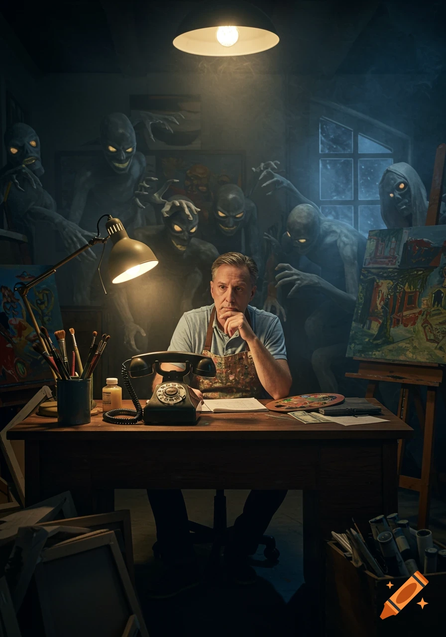 A male artist sits at a desk, surrounded by shadowy, pale monsters with glowing yellow eyes, in a dimly lit, eerie room.