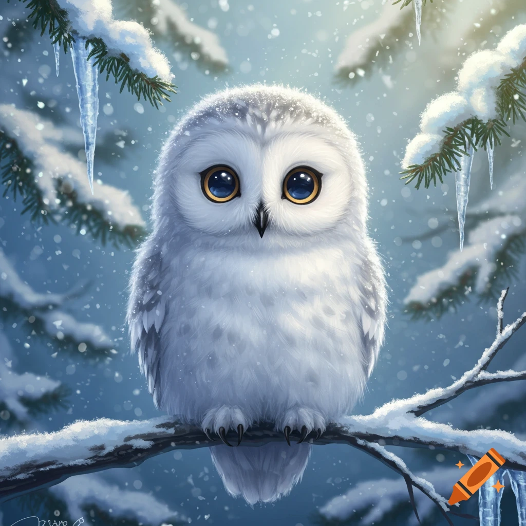 A cute, fluffy white owl with large blue eyes sits on a snowy branch in a winter forest, with icicles hanging from evergreen trees.