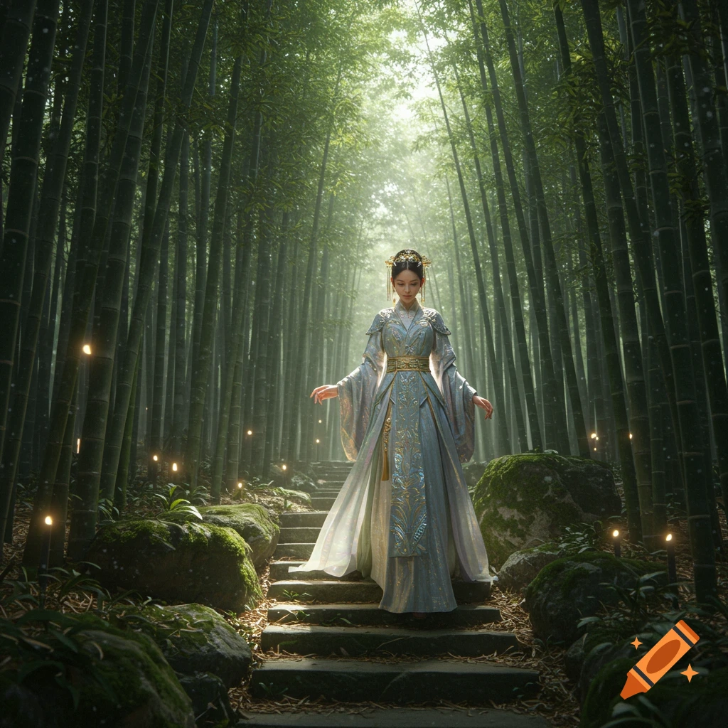 An elegant woman in a traditional light blue and gold dress stands on stone stairs in a mystical bamboo forest with glowing orbs.