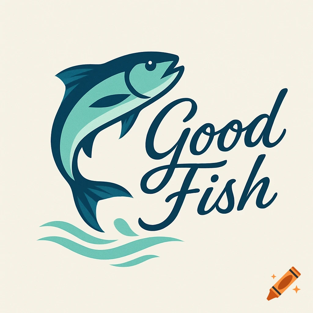 A turquoise and blue fish logo with 'Good Fish' text in a script font, against a cream background.