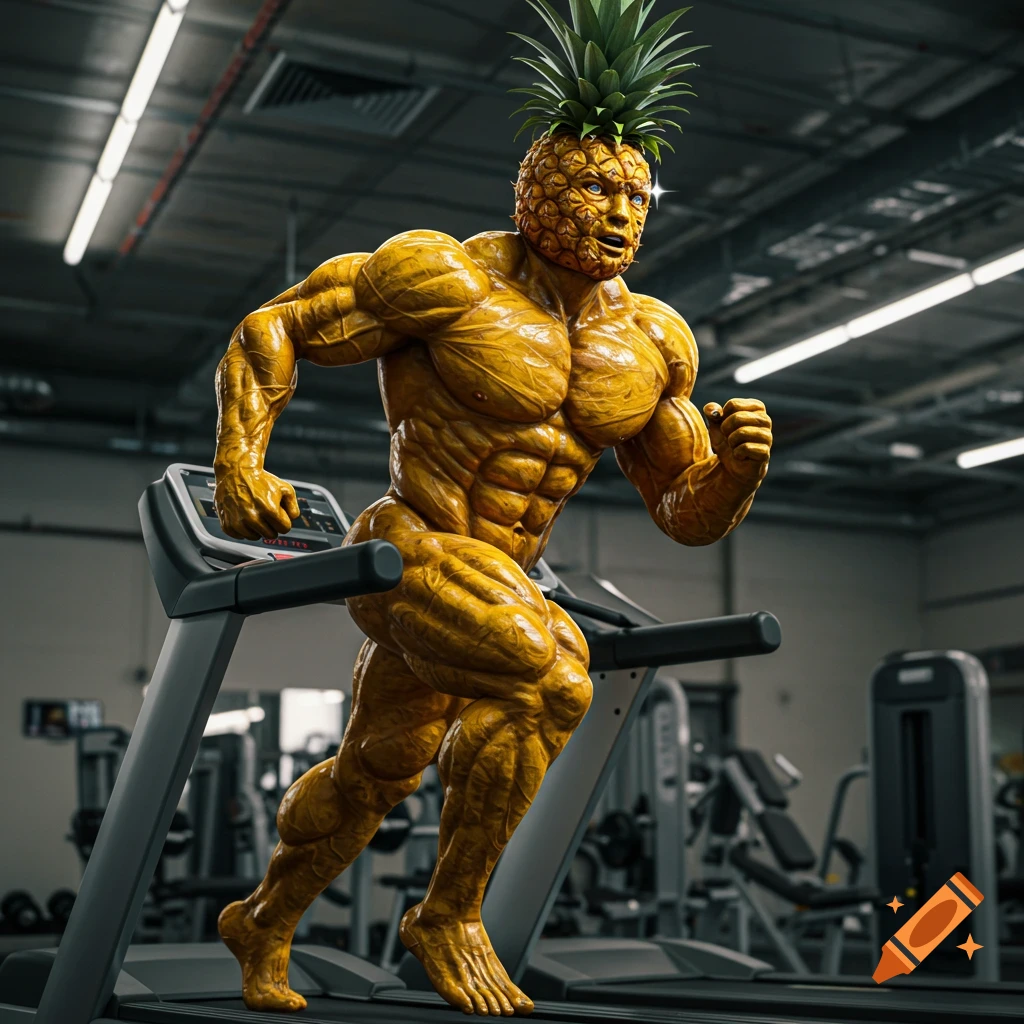 Muscular pineapple-bodied man with a pineapple head running on a treadmill in a photorealistic gym.