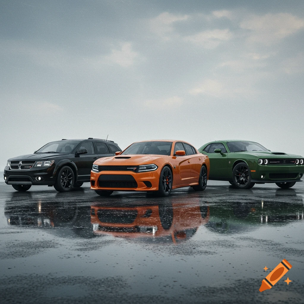 A black Dodge Journey, an orange Dodge Charger, and a dark green Dodge Challenger parked side-by-side on a wet surface under a cloudy sky.