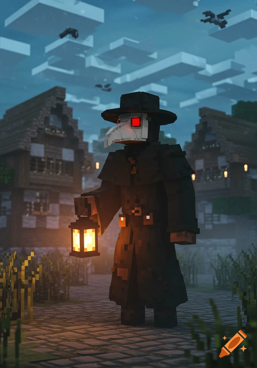 A pixelated plague doctor holding a glowing lantern in a Minecraft-style village at dusk, with blocky houses and sky.