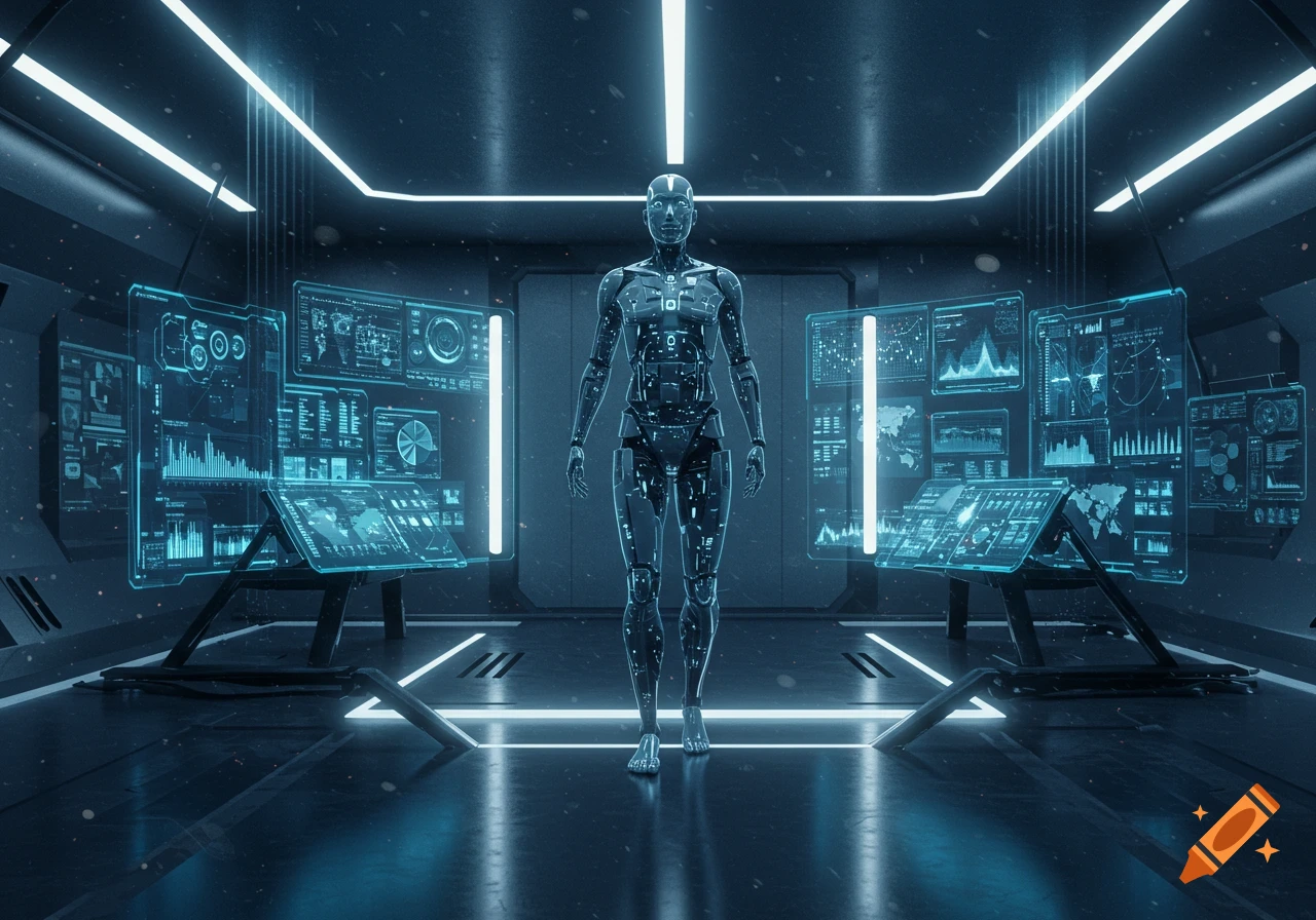 A humanoid robot stands in a dark, futuristic room surrounded by glowing blue holographic data screens. Photorealistic digital art.