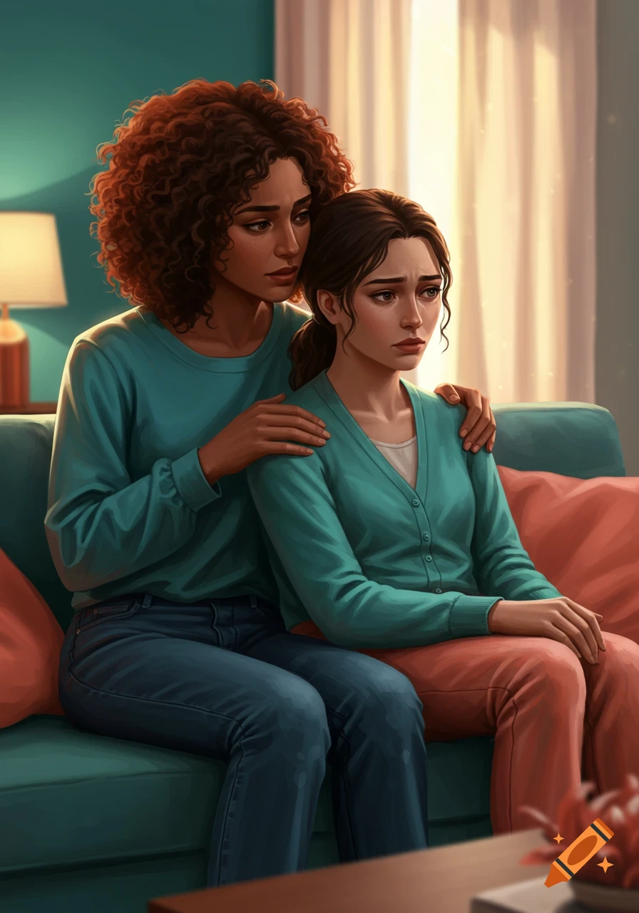 An illustration of a woman with curly hair comforting a sad woman with straight hair on a teal couch.