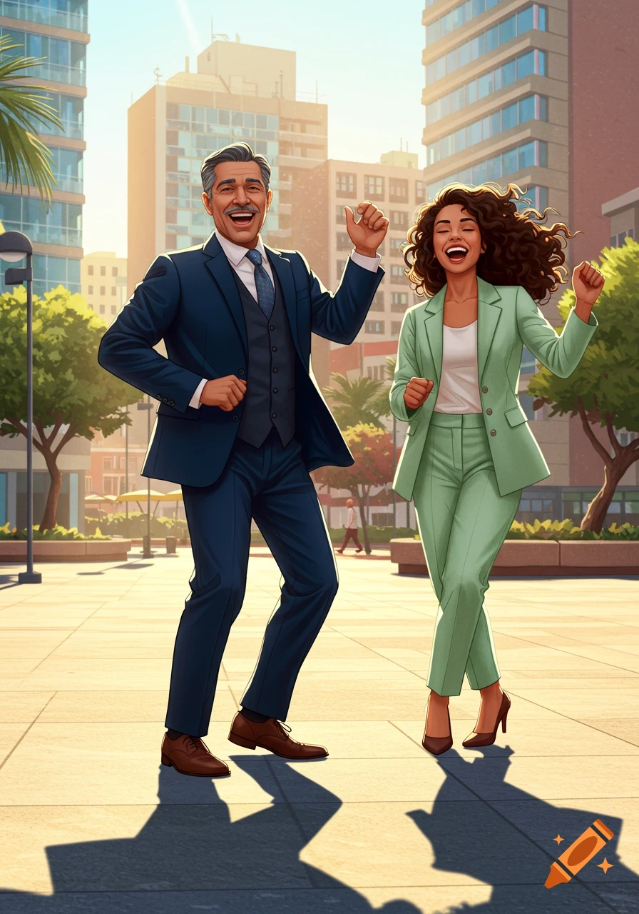 A smiling middle-aged man and a young woman in business suits are happily dancing outdoors on a sunny city street.