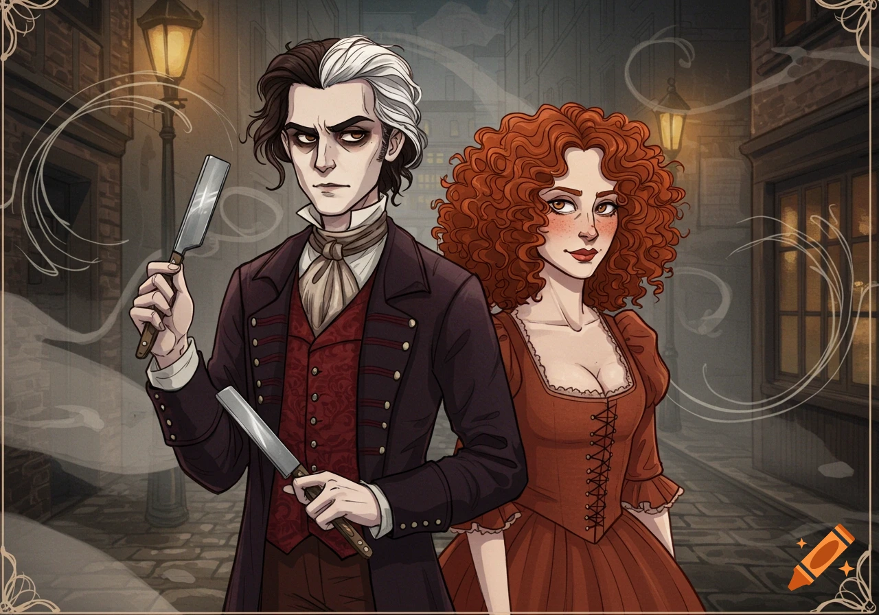 A stylized man with split black and white hair holds razors next to a curly red-haired woman on a dim, Victorian street.