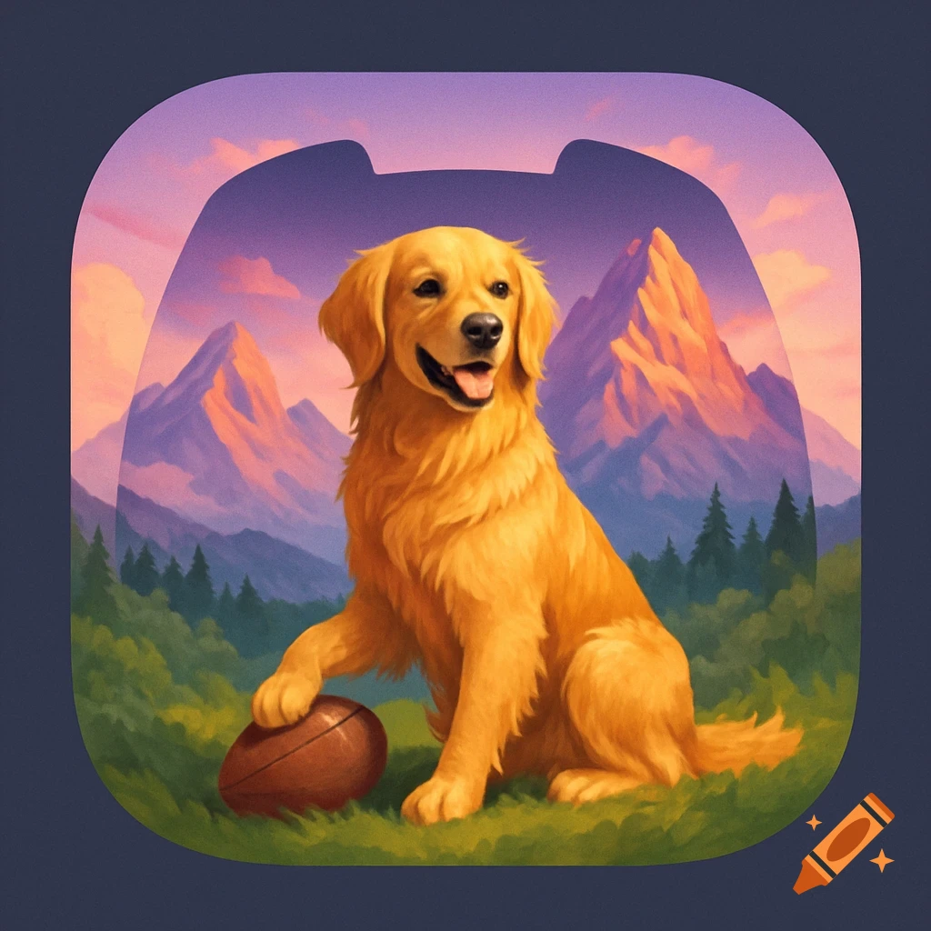 Golden retriever in a stylized mountain landscape with a football, rendered as an app icon illustration.