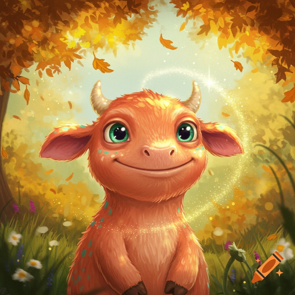 A cute, orange, horned creature with big green eyes smiles in an autumn forest with magical glowing effects.