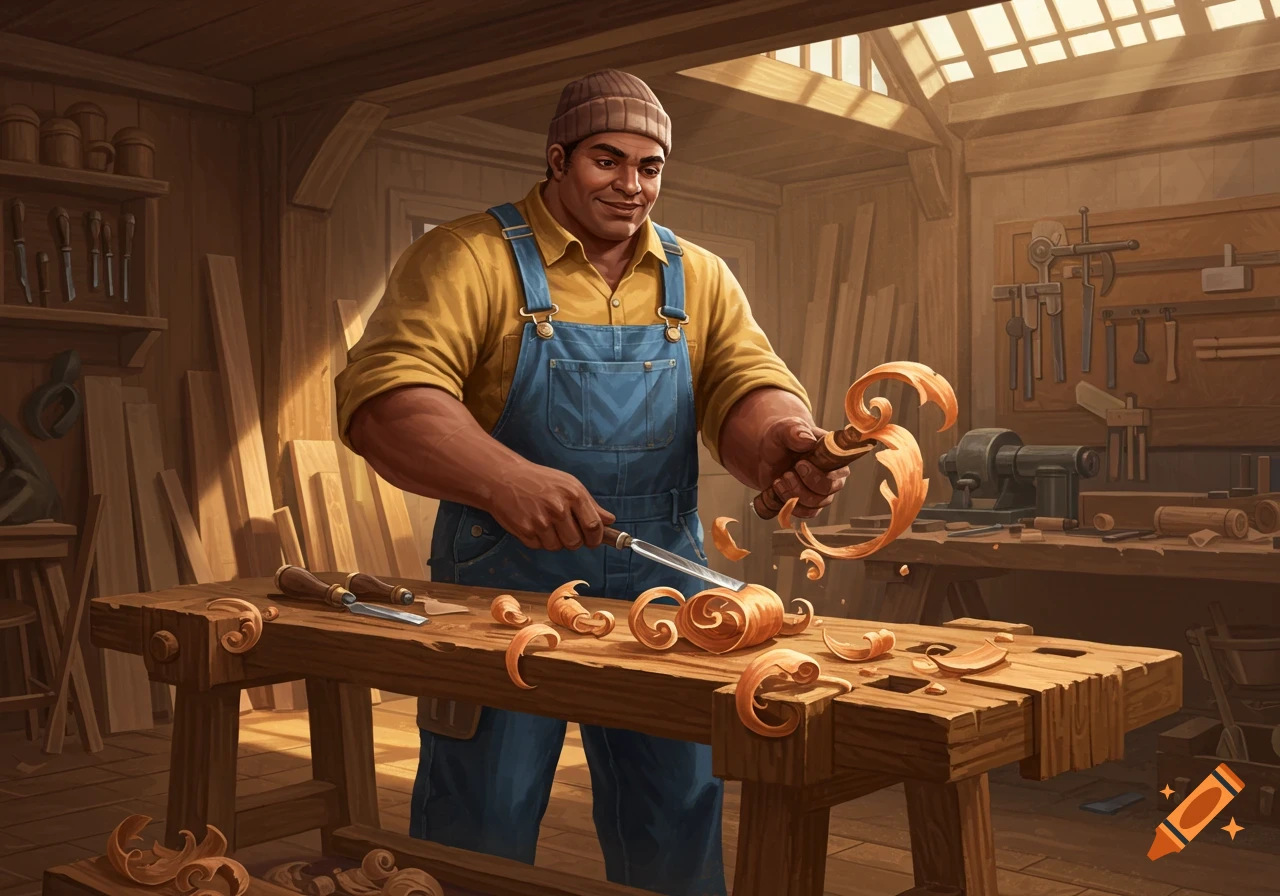 A smiling carpenter in overalls carves wood in a sunlit workshop, surrounded by shavings and tools. Illustrated.
