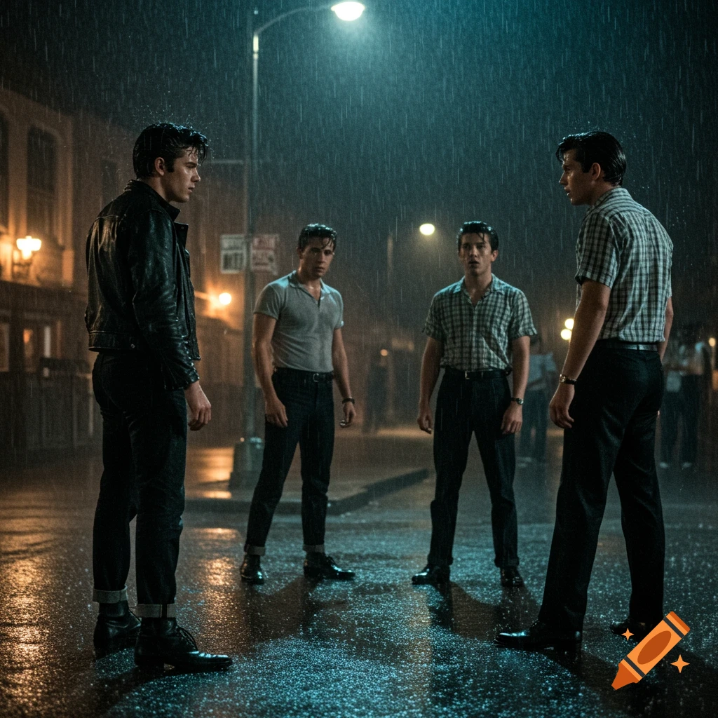 Four young men in 1960s attire stand on a wet, rainy street at night under a streetlamp in a tense, cinematic scene.