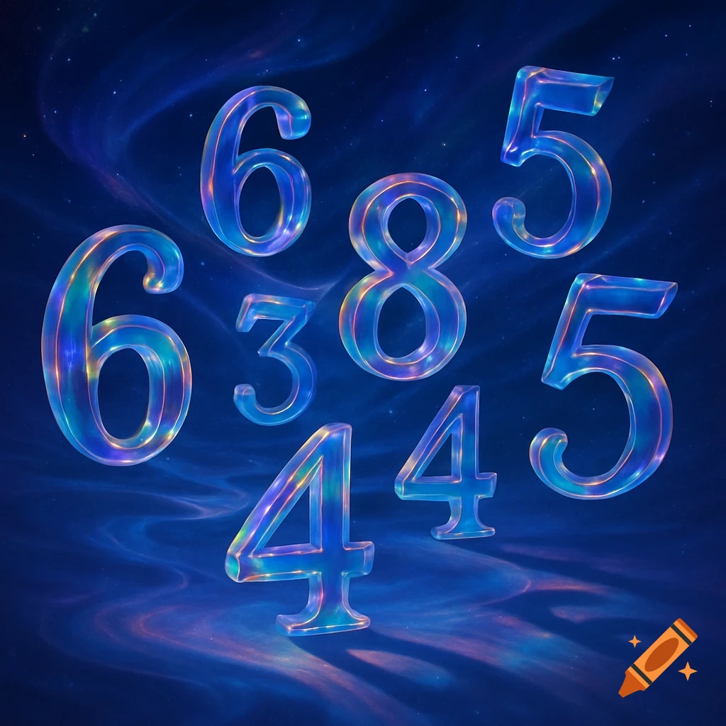 Glowing iridescent numbers 6, 3, 8, 4, 5 floating against a deep blue, cosmic-like background with wisps of light.