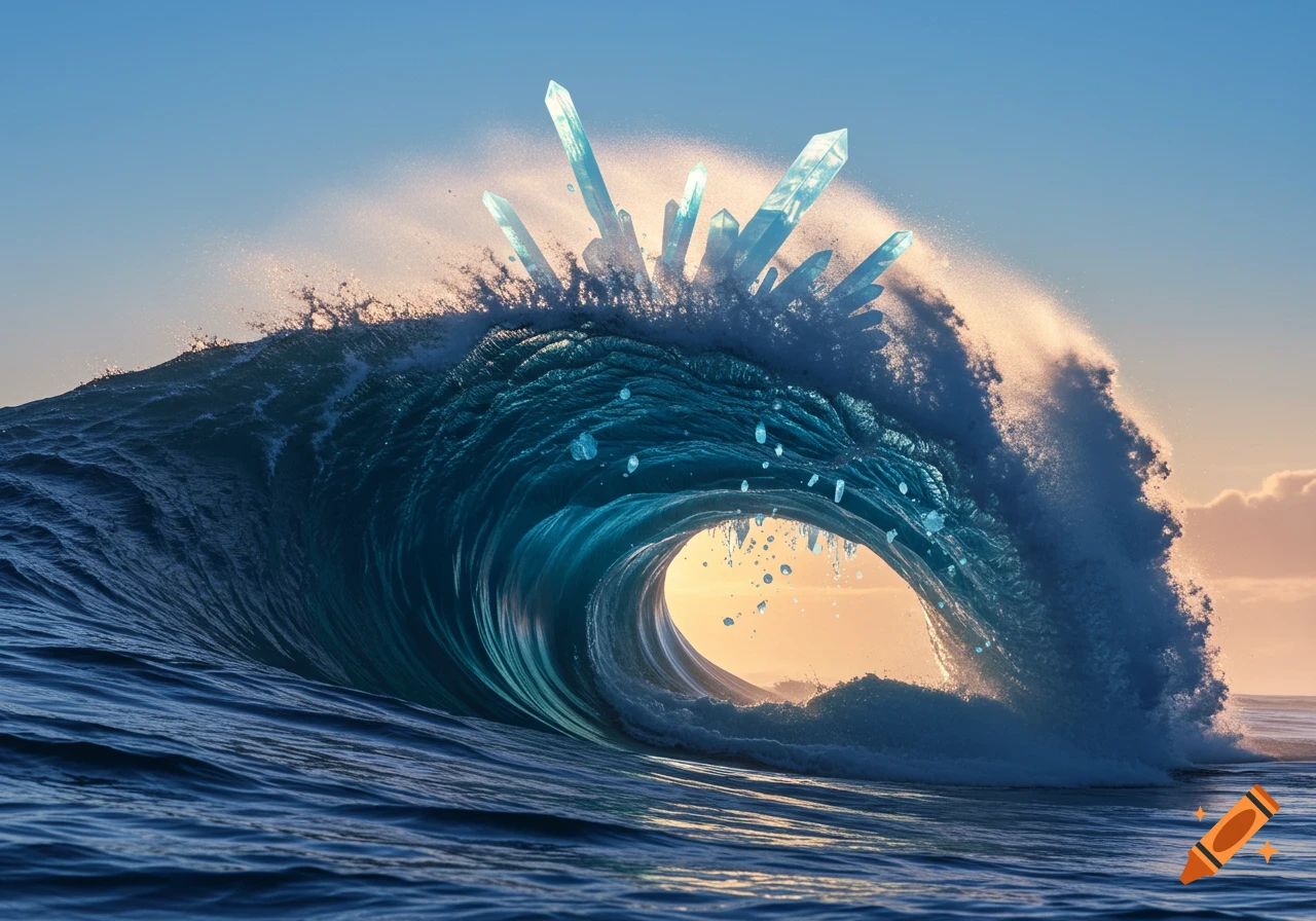 Photorealistic image of a large turquoise ocean wave with glowing ice crystals emerging from its crest, under a warm sky.