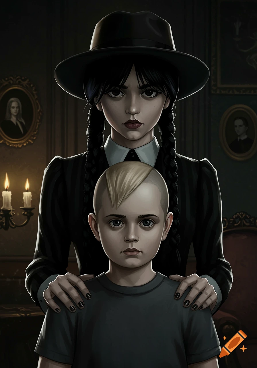 Stylized illustration of Wednesday Addams in a fedora standing behind her brother with a buzz cut in a gothic room, hands on shoulders.