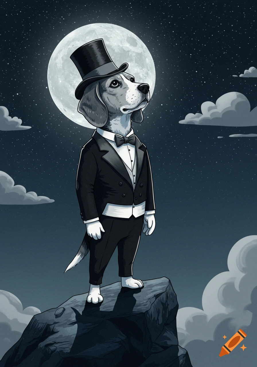 A cartoon beagle in a tuxedo and top hat stands on a rocky peak, looking up at a large full moon in a starry night sky.