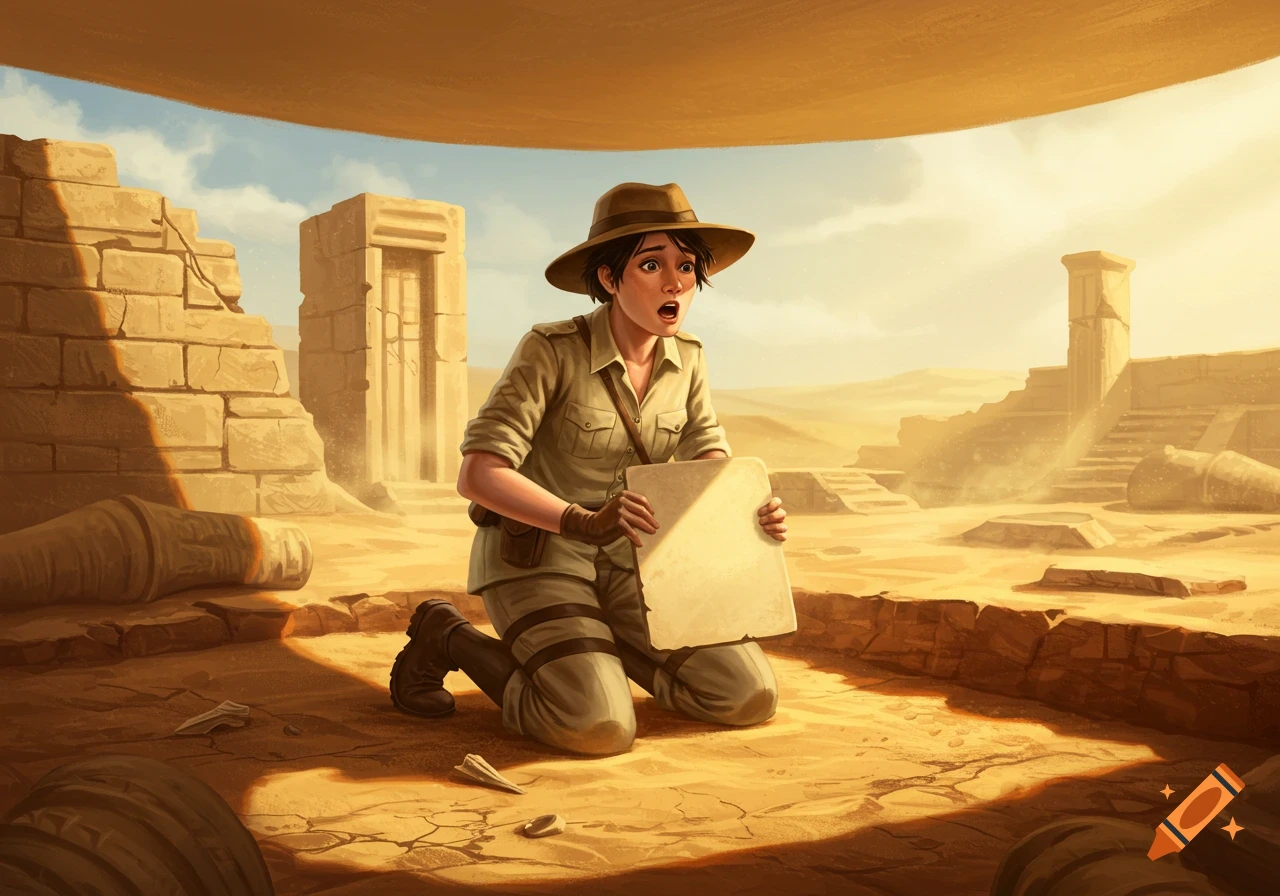 A surprised female archeologist kneels in desert ruins under a canopy, holding a blank tablet. Digital painting.