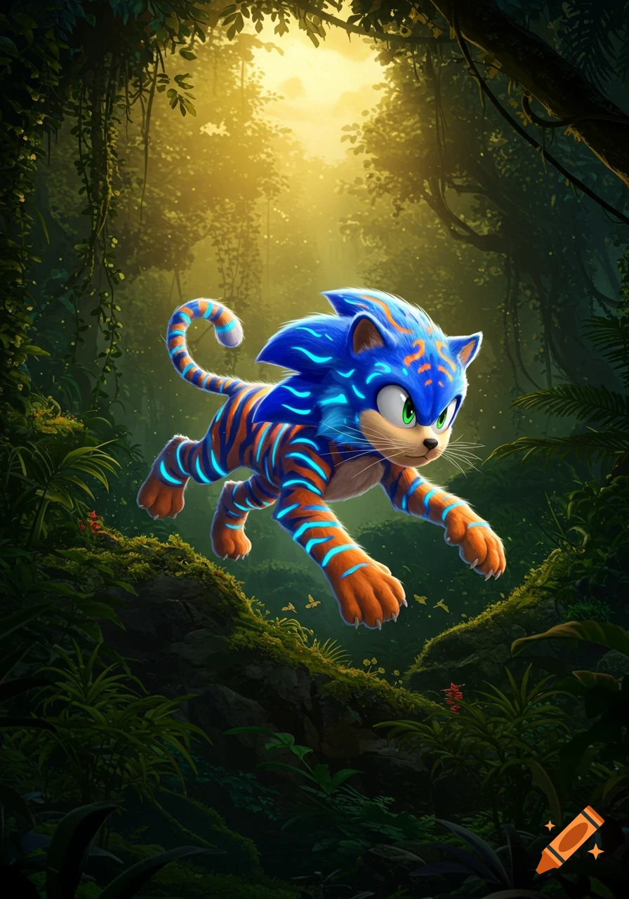 A vibrant blue and orange striped Sonic-tiger hybrid creature leaps through a lush, sunlit jungle.