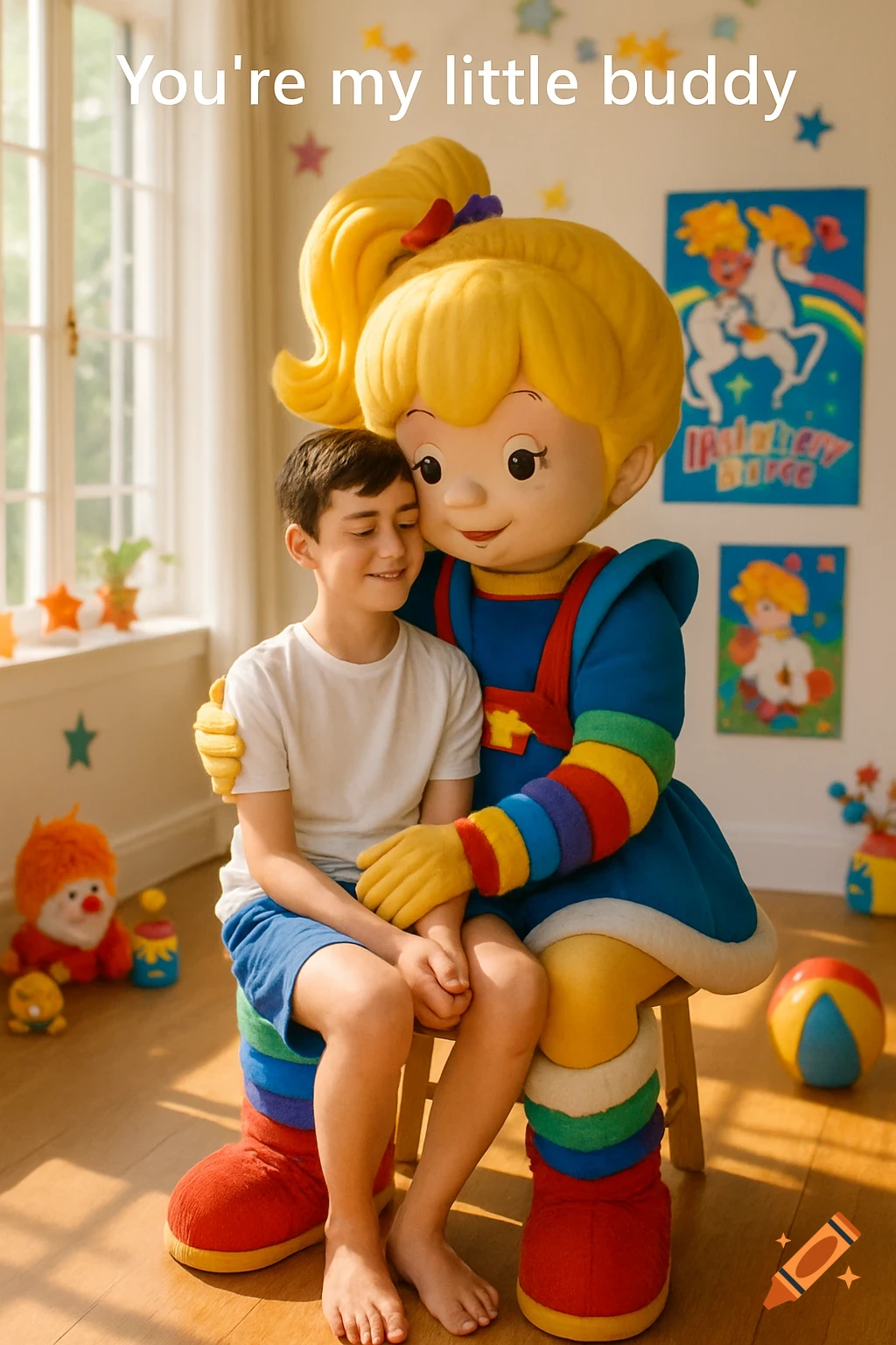 A boy with closed eyes smiles as he sits on the lap of a cheerful Rainbow Brite mascot, who embraces him in a bright room.
