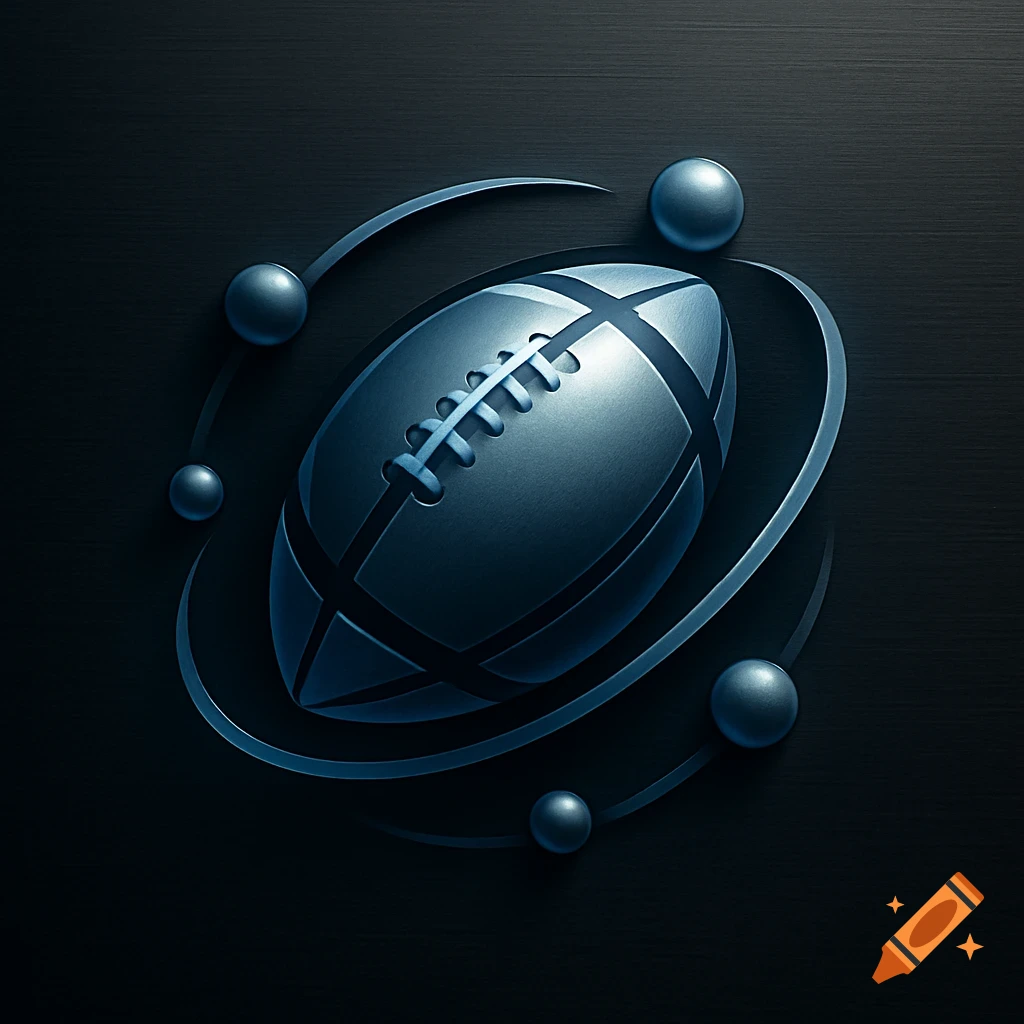 A metallic blue football logo with abstract orbiting spheres and curved lines on a dark, brushed background, digital art.