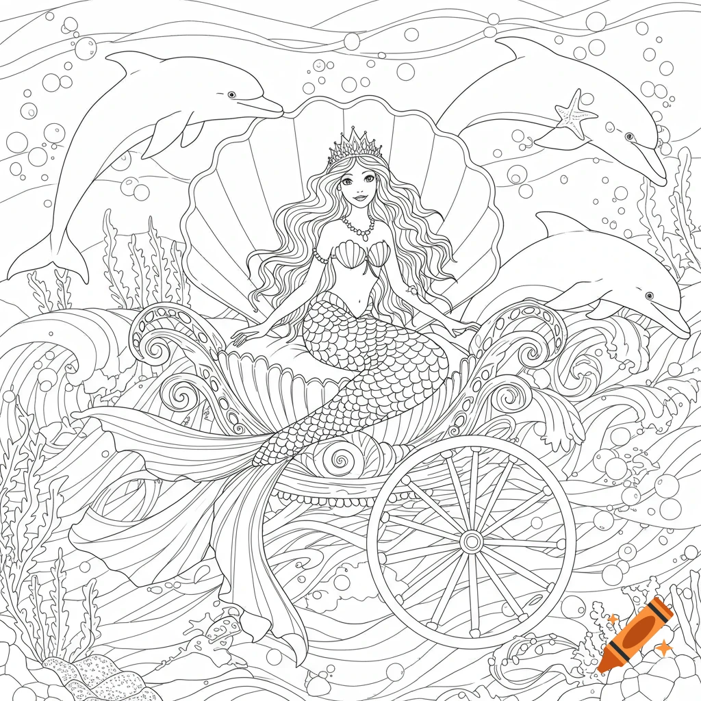 A line drawing of a mermaid princess in a seashell carriage pulled by dolphins in an underwater scene.