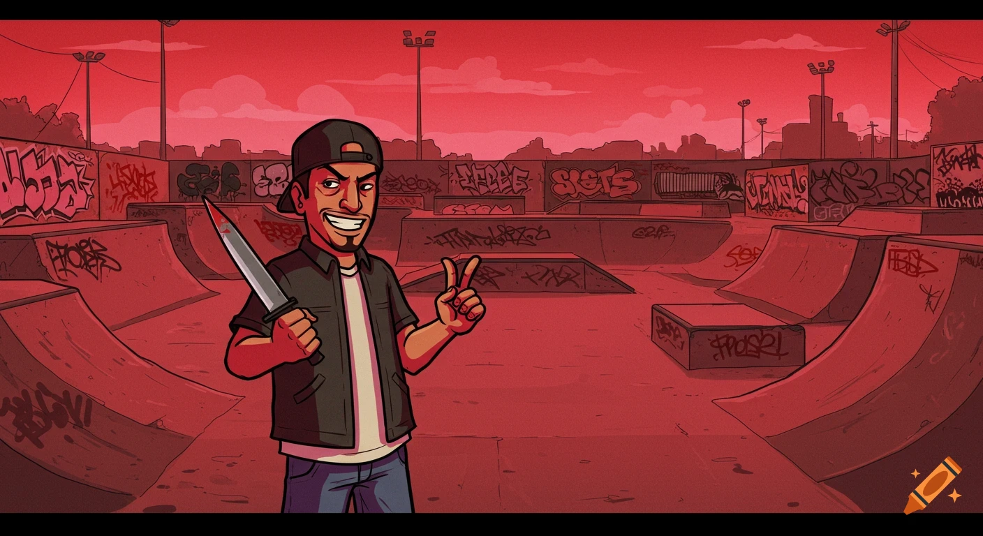 A cartoon man in a skatepark, wearing a cap and jacket, holding a knife and making a peace sign, against a red background with graffiti.