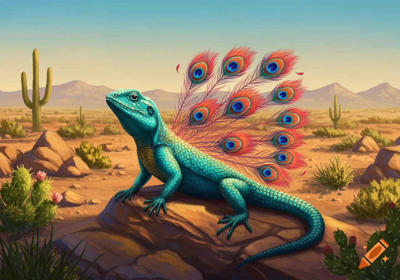 A teal lizard with vibrant peacock feathers on its back rests on a rock in a desert landscape with cacti and mountains.