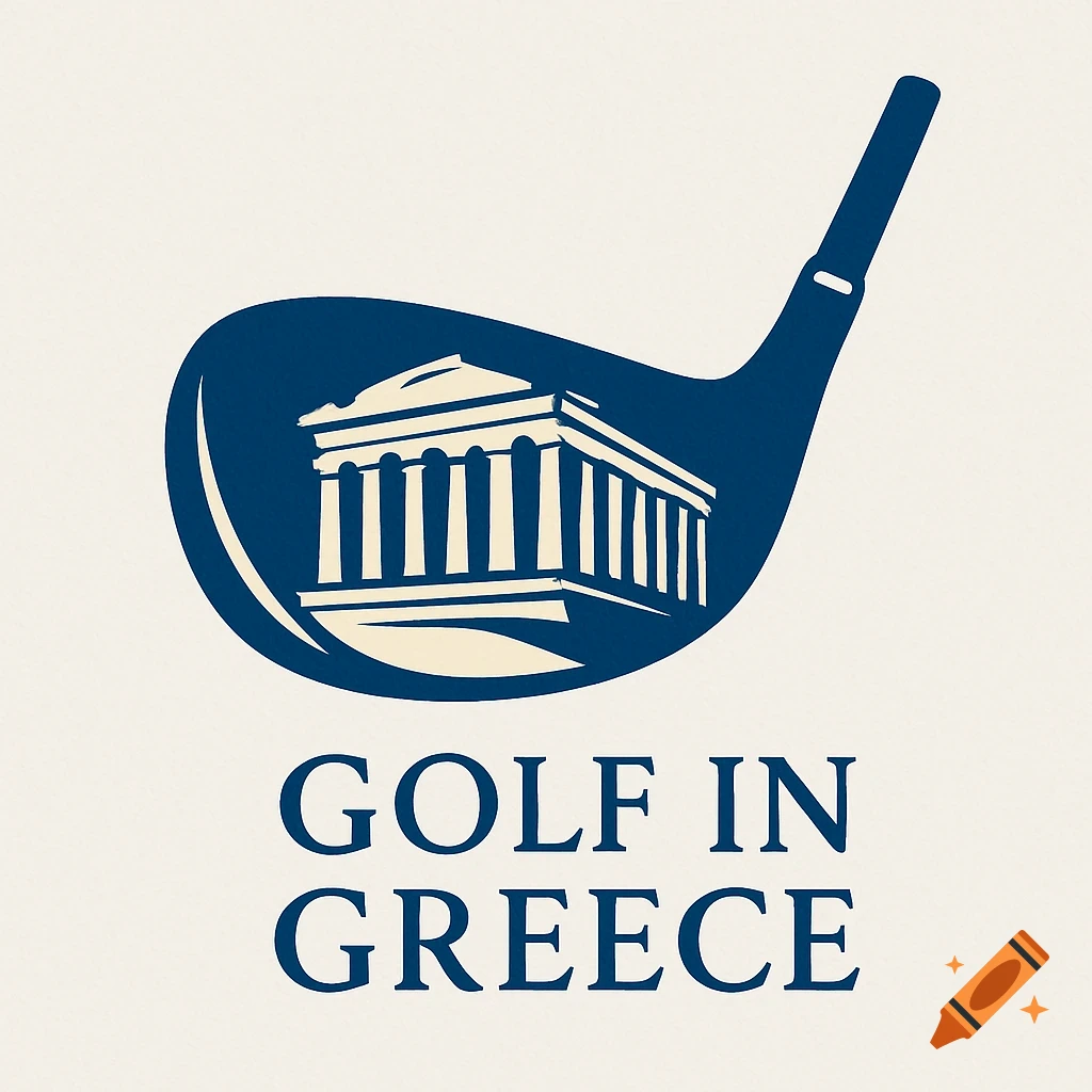 A blue and cream logo of a golf club head with the Parthenon inside, and 'GOLF IN GREECE' text.