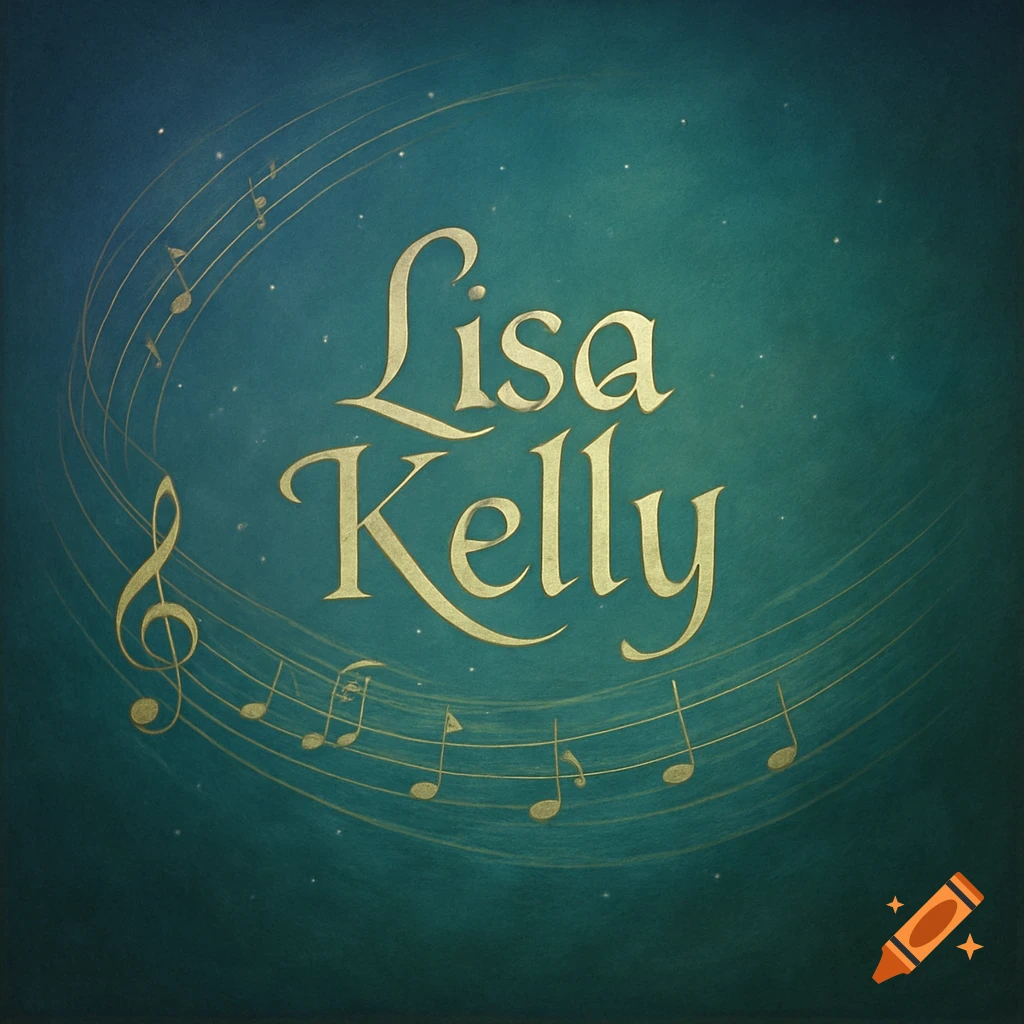 Golden ornate text "Lisa Kelly" on a teal background with flowing musical staffs and notes.