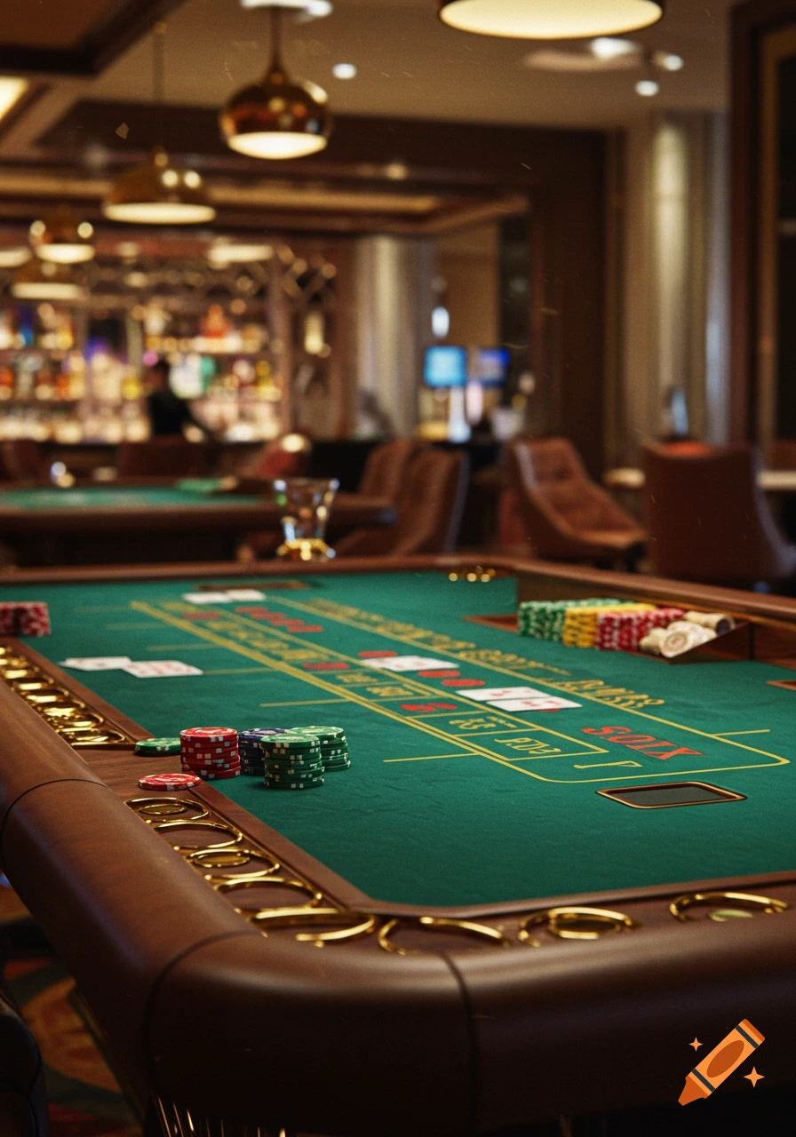 A close-up shot of a green baccarat table with stacks of colorful chips and playing cards in a dimly lit casino.