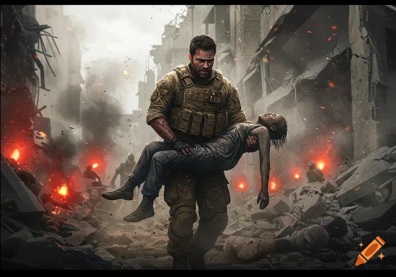 A determined soldier in uniform carries an injured child through the burning, destroyed streets of a war-torn city. Photorealistic style.