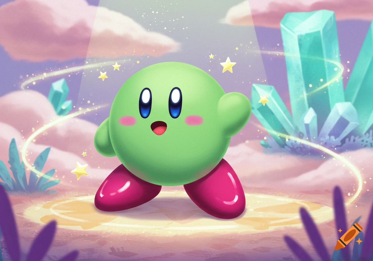 A green Kirby-like character with pink shoes stands on a magical platform surrounded by crystals and stars in a pastel sky.