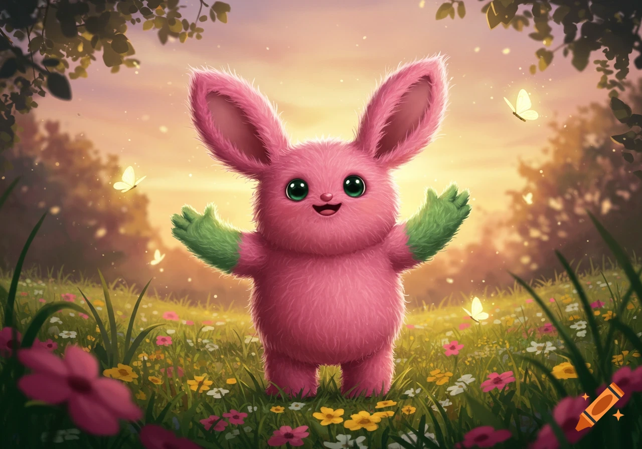 A cute, fuzzy pink creature with long bunny ears and green arms stands in a sunny, flower-filled meadow with butterflies.