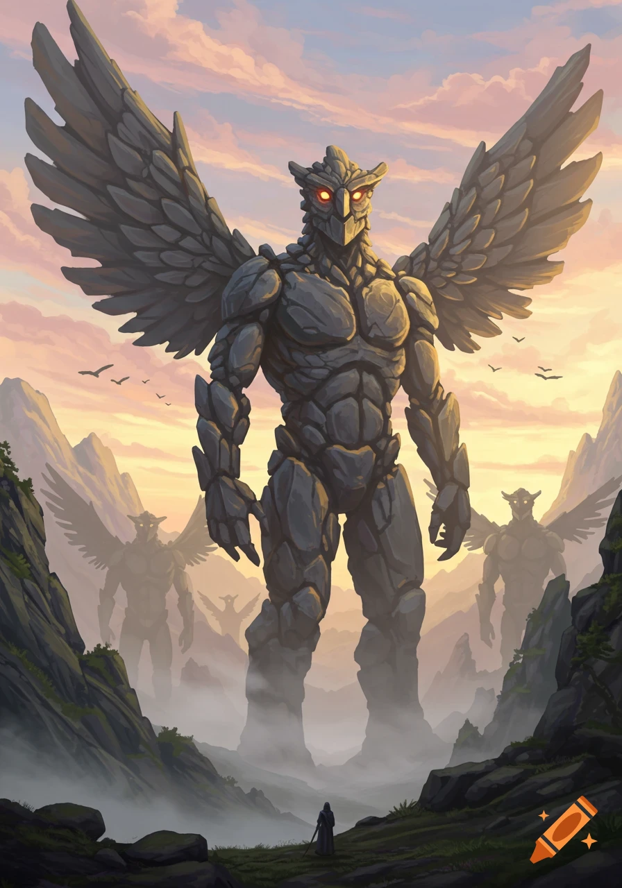 A small figure stands in a valley, dwarfed by colossal winged rock giants resembling birds, against a sunset sky.